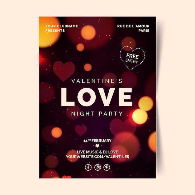 Vector plantilla borrosa de flyer / póster de fiesta de san valentín