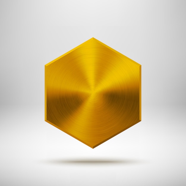 Plantilla de botón en blanco de tecnología de insignia hexagonal de polígono abstracto dorado con textura de metal acero cromado