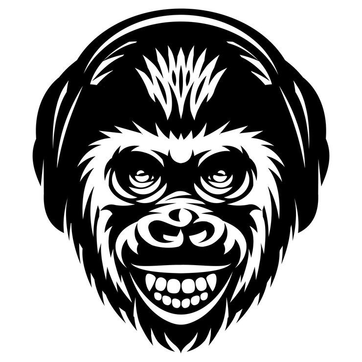 Vector plantilla de cabeza de mono con auriculares y sonrisa ilustración monocromática vectorial