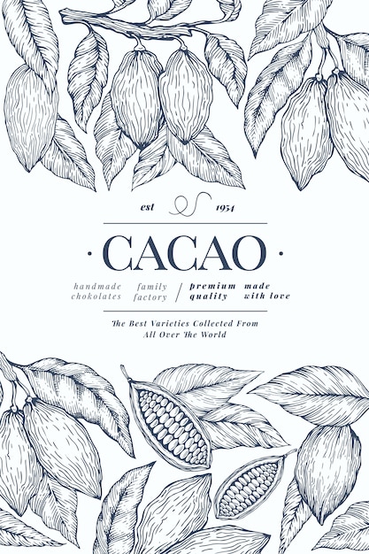 Vector plantilla de cacao fondo de granos de cacao chocolate. ilustración dibujada a mano. ilustración de estilo vintage