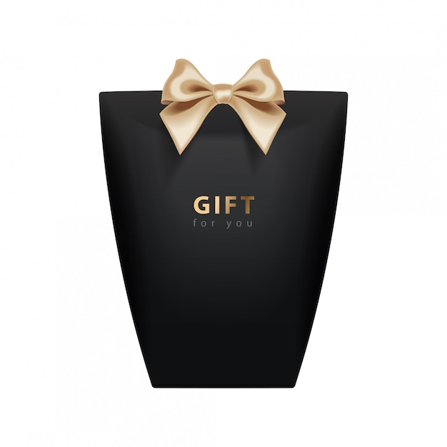 Plantilla de caja de regalo. paquete negro realista con lazo dorado