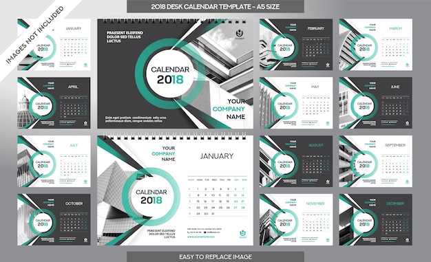 Plantilla calendar calendar 2018 - 12 meses incluidos - tamaño a5