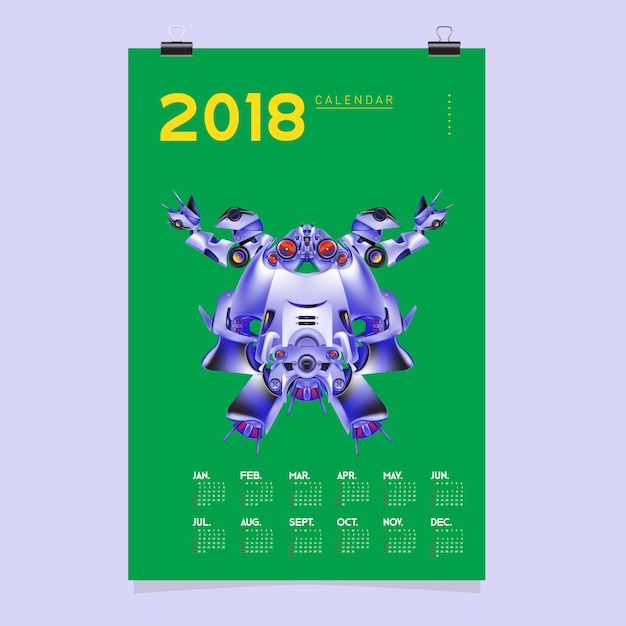 Vector plantilla de calendario 2018 con ilustración de diseño de robot