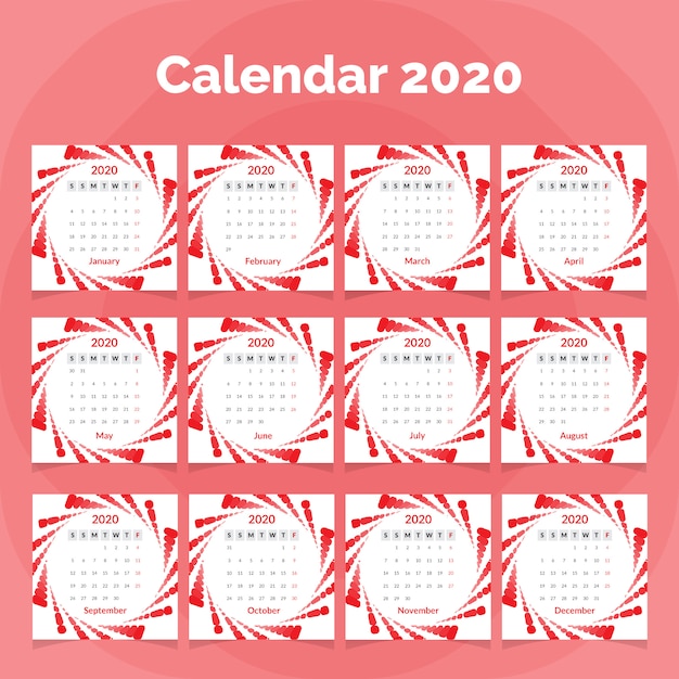 Plantilla de calendario 2020 con ondas de colores