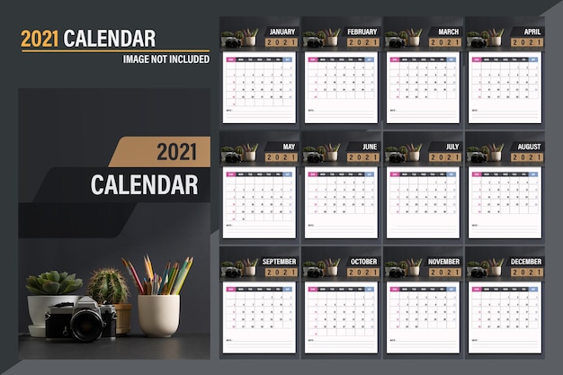 Plantilla de calendario 2021. diseño de concepto oscuro moderno de calendario. conjunto de 12 meses 2021 páginas