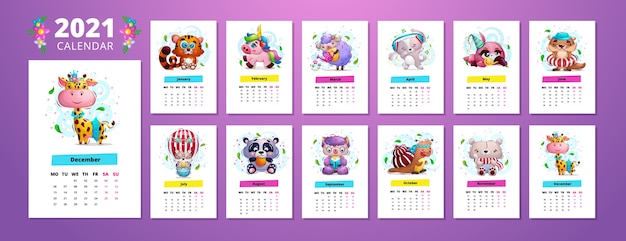 Vector plantilla de calendario 2021 con lindos personajes de animales