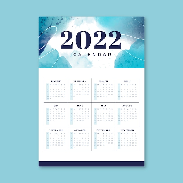 Plantilla de calendario 2022 en acuarela