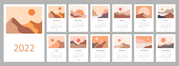 Plantilla de calendario para 2022 diseño vertical con paisajes boho abstractos la semana comienza el domingo a3