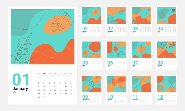 Plantilla de calendario 2022, set 2022, diseño de calendario de pared, planificador, inicio de semana el domingo.