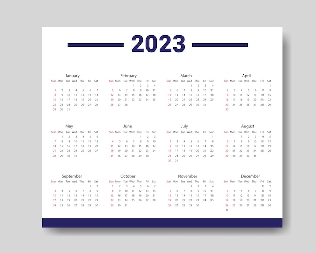 Plantilla de calendario 2023, diseño de plantilla de calendario limpio y único