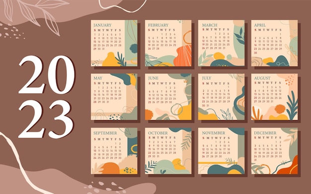 Vector plantilla de calendario 2023 de naturaleza abstracta dibujada a mano