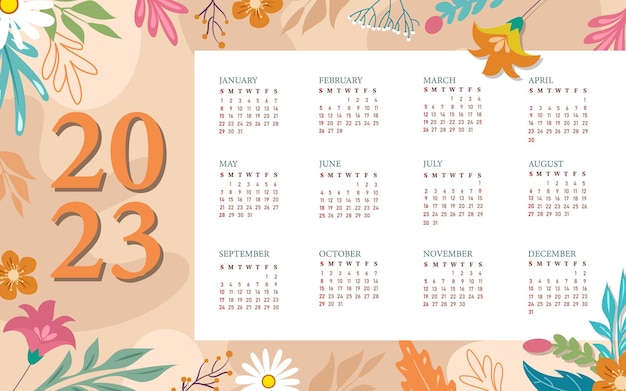 Vector plantilla de calendario 2023 de naturaleza estética plana