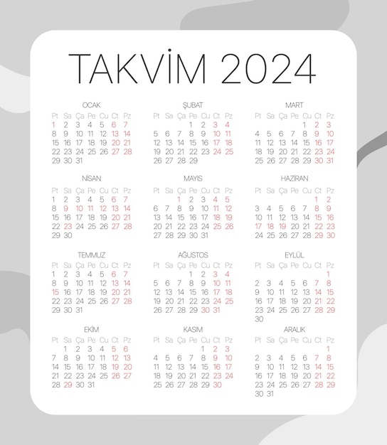 Vector plantilla de calendario de 2024 con el calendario turco