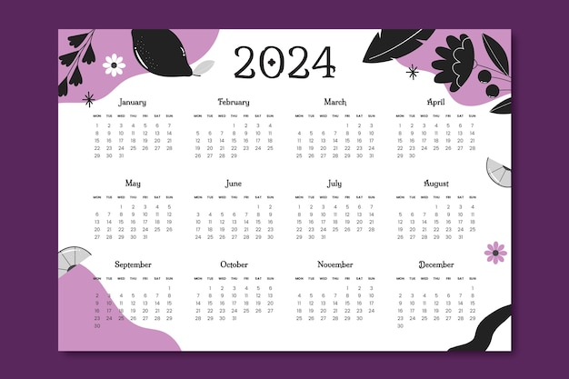 Vector plantilla de calendario 2024 plana en color morado y negro