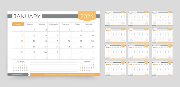 plantilla de calendario de 2024 La semana comienza el domingo El diseño del calendario anual La cuadrícula del organizador del escritorio