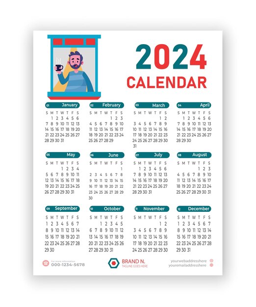 Plantilla de calendario 2024 Vector Premium