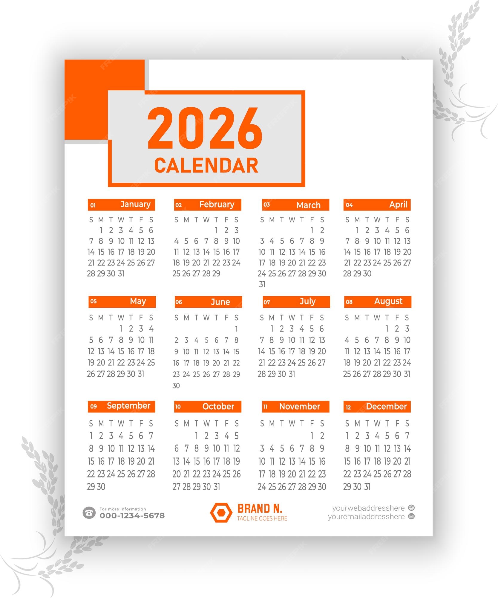 Plantilla de calendario 2026 Vector Premium
