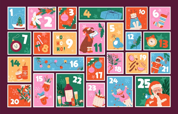 Vector plantilla de calendario de adviento de navidad diseño de la celebración de navidad patrón de cuenta atrás con números tarjetas con papá noel copos de nieve dulces regalos decoración de vacaciones de invierno ilustración vectorial plana
