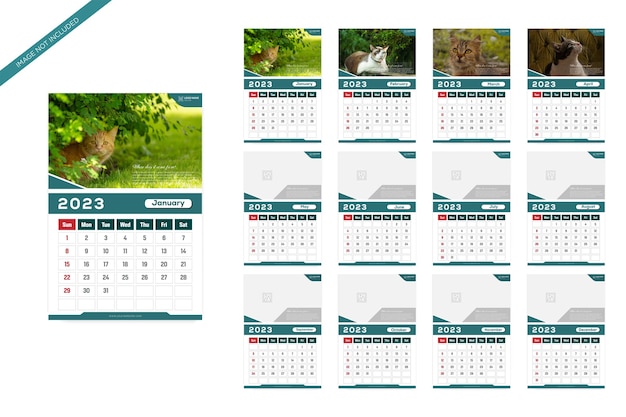 Plantilla de calendario para el año 2023. La semana comienza el domingo. Planificador de pared con imagen fotográfica.