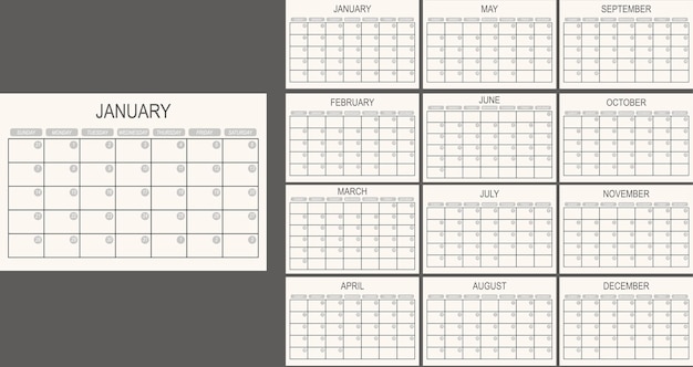 Vector plantilla de calendario para el año 2024 planificador personal de negocios 12 páginas mensuales una semana comienza el lunes ve