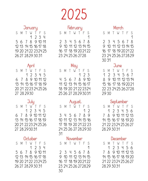 Plantilla de calendario para el año 2025 en un estilo minimalista