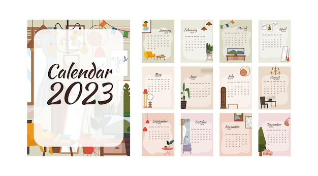 Plantilla de calendario de año nuevo 2023 Calendario de estilo de vida imprimible