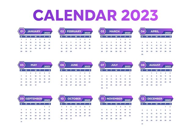 Plantilla de calendario de año nuevo 2023 con color púrpura