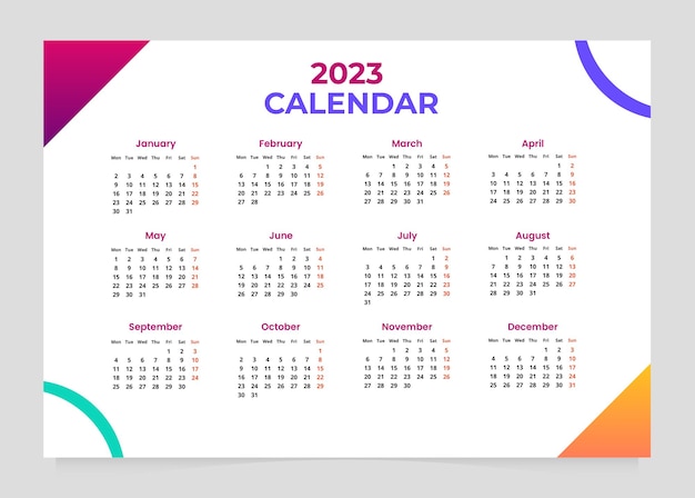 Plantilla de calendario de año nuevo 2023 en ilustración vectorial de estilo moderno