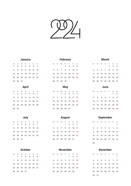 Plantilla de calendario anual 2024 sobre fondo blanco la semana comienza el lunes logotipo geométrico 2024