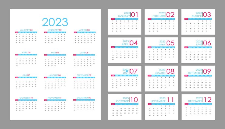 plantilla de calendario comercial mensual en inglés de estilo simple 2023, el día comienza el domingo