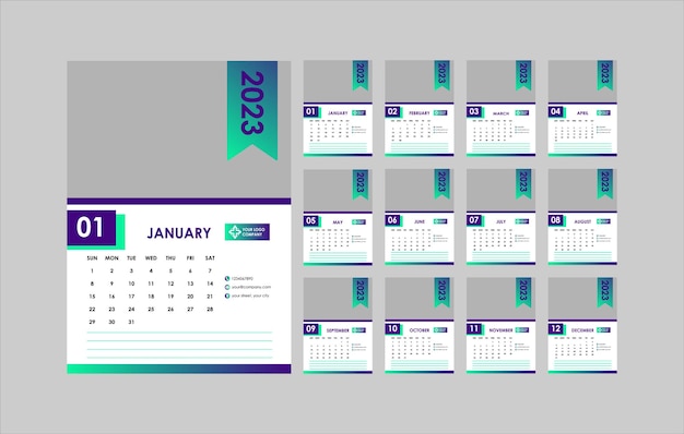 plantilla de calendario comercial mensual en inglés de estilo simple 2023 con portafotos, comienza el domingo