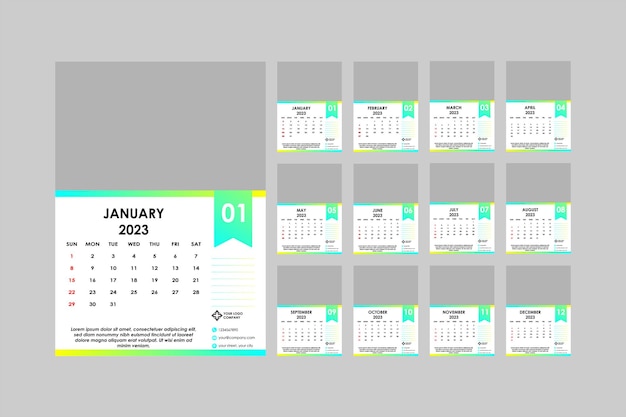 plantilla de calendario comercial mensual en inglés de estilo simple 2023 con portafotos, comienza el domingo