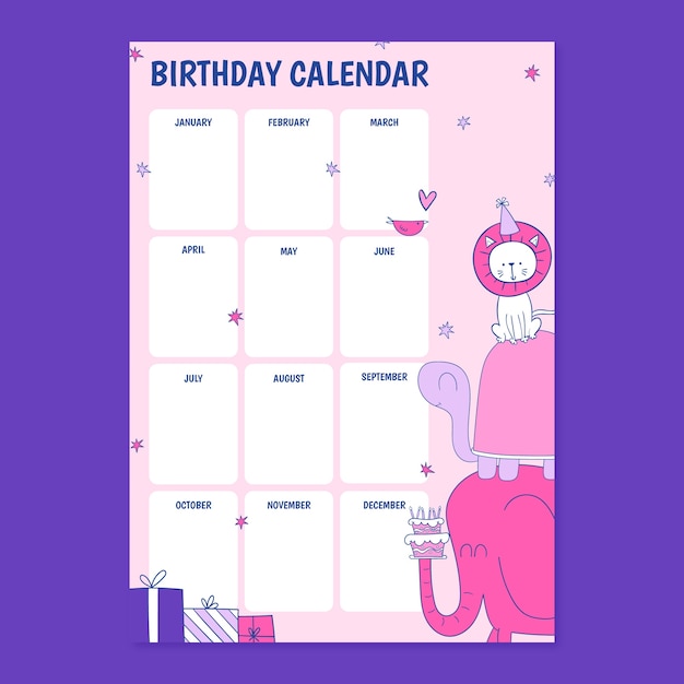 Plantilla de calendario de cumpleaños dibujada a mano