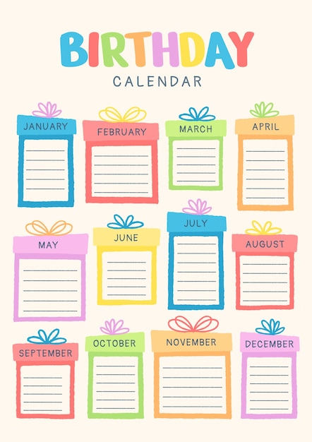 Plantilla de calendario de cumpleaños dibujada a mano