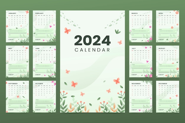 Plantilla de calendario degradado 2024 con vegetación