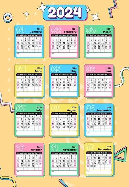 Vector plantilla de calendario de diseño plano retro de 2024