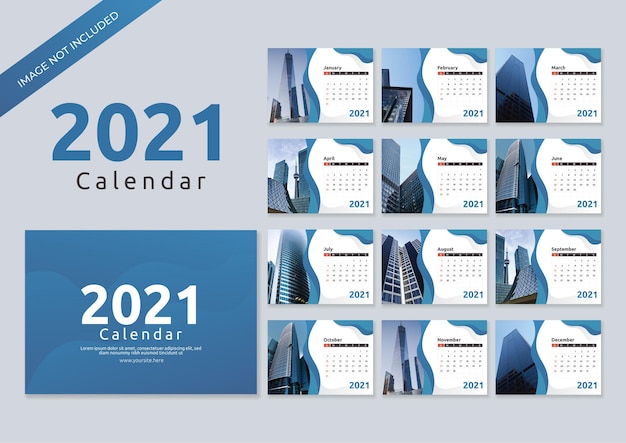Plantilla de calendario empresarial 2021 en estilo ondulado azul
