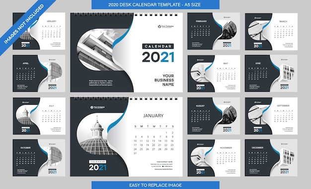 Plantilla Calendario de escritorio 2021 - 12 meses incluidos - Tamaño A5