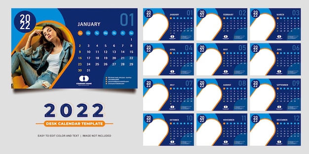 Plantilla de calendario de escritorio 2022 con diseño de estilo azul