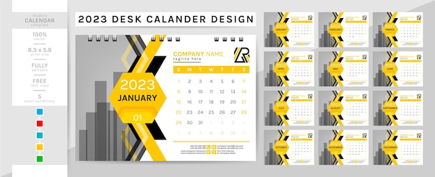 Plantilla de calendario de escritorio elegante y creativa para el año 2023. la semana comienza el domingo.