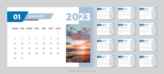 Plantilla de calendario de escritorio mensual para el año 2023 La semana comienza el lunes