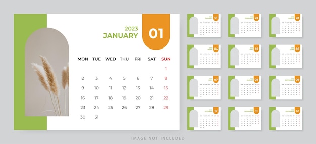 Plantilla de calendario de escritorio mensual para el año 2023 La semana comienza el lunes