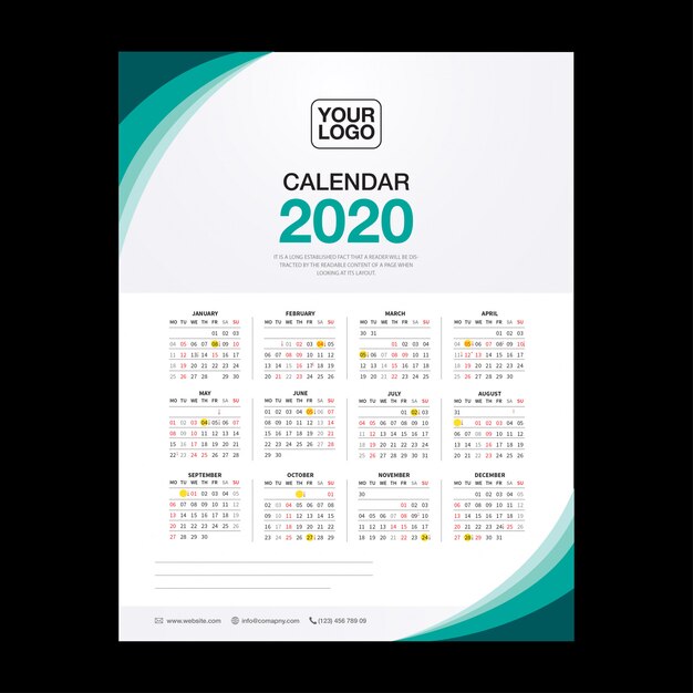 Plantilla de calendario de escritorio de pared para el año 2020. plantilla de impresión de diseño vectorial