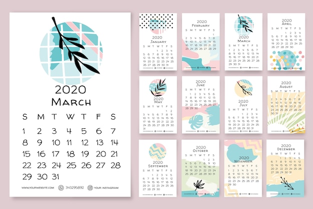Plantilla de calendario floral 2020 dibujados a mano