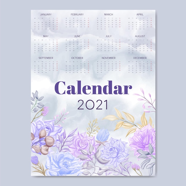 Plantilla de calendario de flores de acuarela 2021