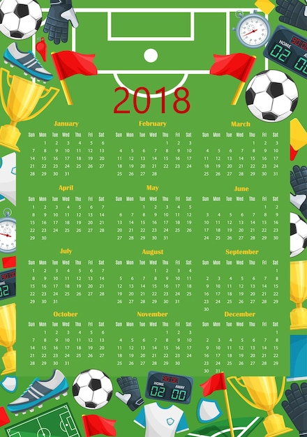 Vector plantilla de calendario de fútbol del juego de deporte de fútbol