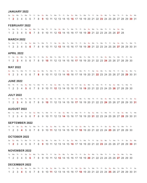 Plantilla de calendario horizontal simple año 2022