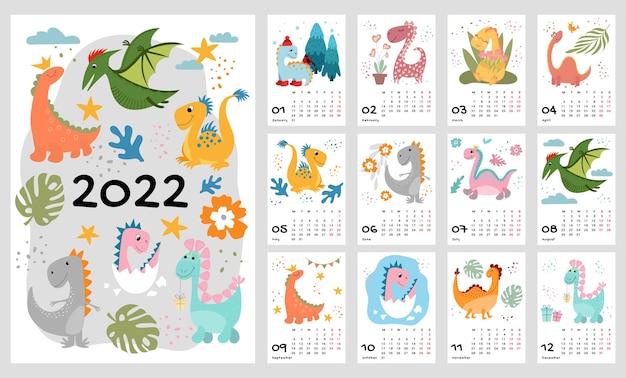 Plantilla de calendario infantil para 2022. diseño vertical brillante con dinosaurios abstractos en un estilo plano. ilustración vectorial editable, juego de 12 meses con tapa. la semana comienza el lunes.