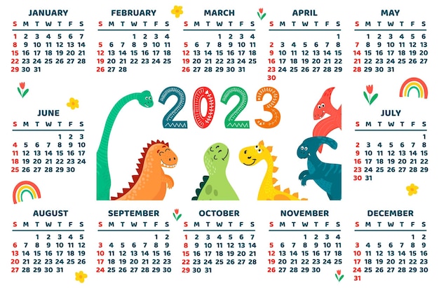 Plantilla de calendario infantil para el año diseño horizontal brillante con dinosaurios abstractos en un estilo plano