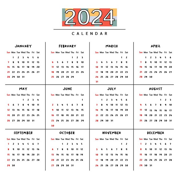 Vector plantilla de calendario en inglés para 2024 para organizar horarios de eventos